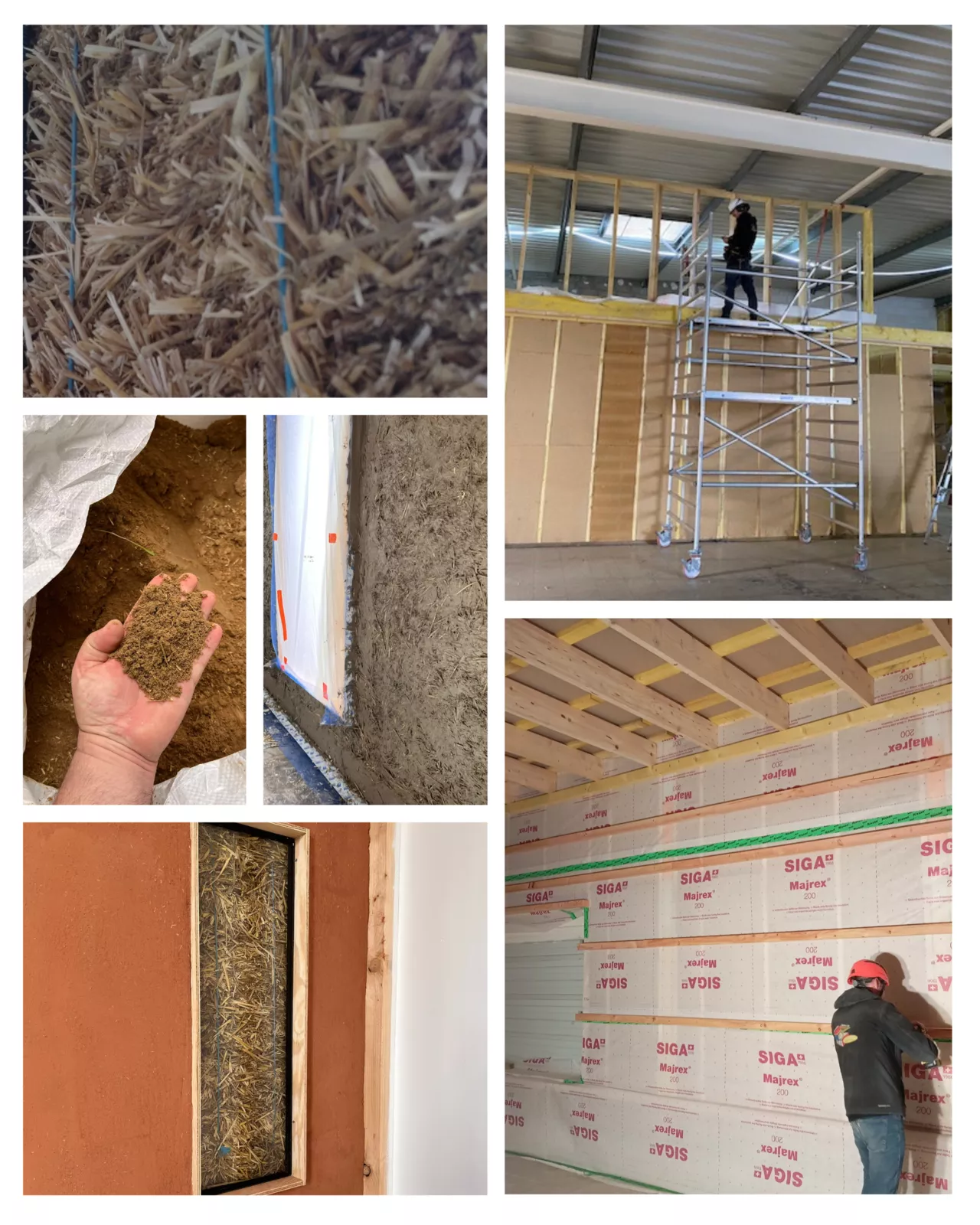Exemples de mise en œuvre des matériaux biosourcés sur le chantier démonstrateur de Noeux environnement : bottes de paille, enduits terre, ossature bois et membranes d’étanchéité, illustrant les solutions d’éco-construction durable.